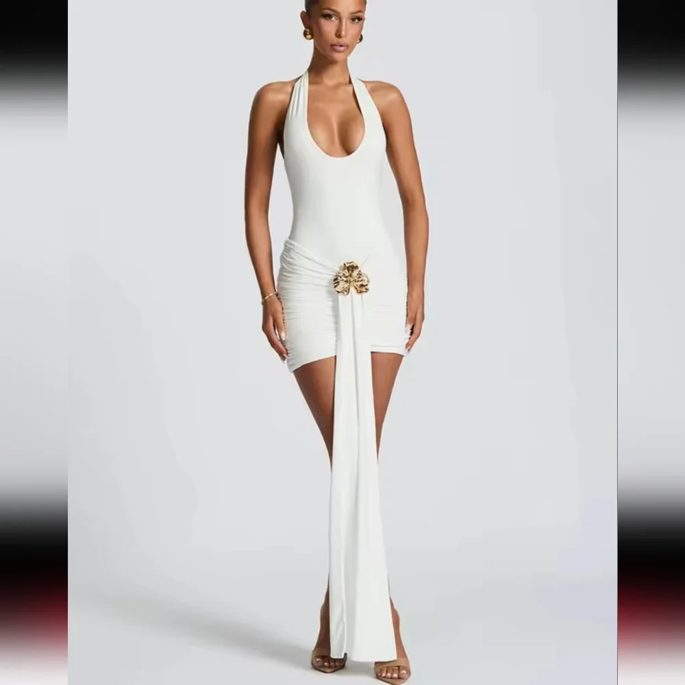 Metal Flower Draped Ruched Sexy MiniDress Women Robe Fashion Halter Backless - Picture 4 of 8